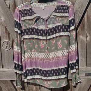 Maurices Patchwork Peasant Blouse, Purple Combo, L